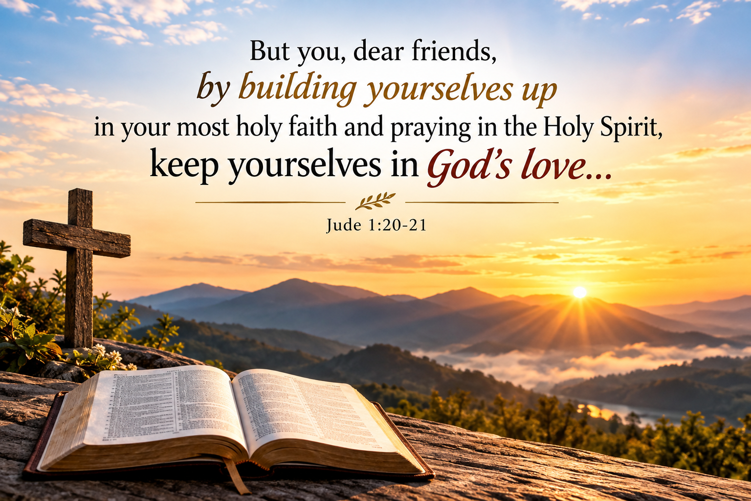 But you, dear friends, by building yourselves up in your most holy faith and praying in the Holy Spirit, keep yourselves in God\'s love...